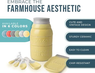 Comfify Vintage Kitchen Set - Multi-Piece Kitchen Ceramic Decor Set with 4 Measuring Cups, 4 Measuring Spoons, and Spoon Rest - Attractive Vintage Yellow - Embossed Ceramic