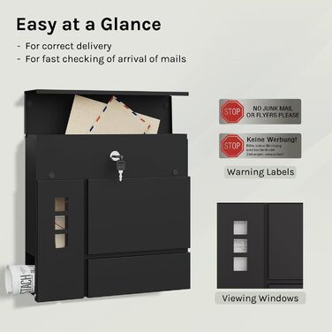 Поштова скринька WOLTU XXL з газетницею, оглядовим вікном та замком, антрацит (чорний) - 10,5 x 37 x 37 см