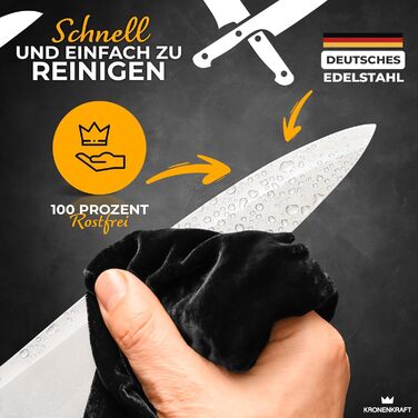 Набір кухонних ножів Kronenkraft 9-ти частинний з підставкою: шеф-ніж, ніж для хліба, сантоку, кухонний ніж, куряча шкребка, точилка. Зручний дерев'яний руків'я.