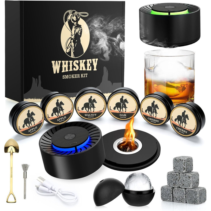 Електричний набір для копчення віскі Saturn - 6 дерев'яних чіпсів, 6 каменів для віскі, форма для льоду, перезаряджається, для бурбону, подарунок для батька, чоловіка, електричний дим для віскі + камені