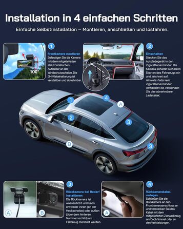 Автомобільний відеореєстратор WOLFANG 4K з WiFi, передня та задня камери, 3