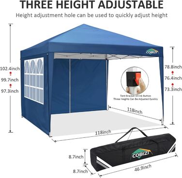 COBIZI Pavilion 3x3, Folding Pavilion 3x3 Waterproof Stable Winterproof | 8x Pegs | 4x Wind Rope | UV Protection 50+ | High-Density Tarpaulin | Pop-up Pavilion Folding 3x3m Tent 3x3 Party Tent (Blue)