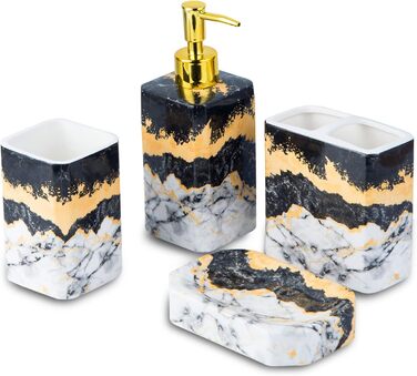 Набір аксесуарів для ванної кімнати (4 шт) – білий набір з дозатором для лосьйону, тримачем для зубних щіток, склянкою та мильницею – блискуча поверхня (мармур, білий) (чорний, білий)