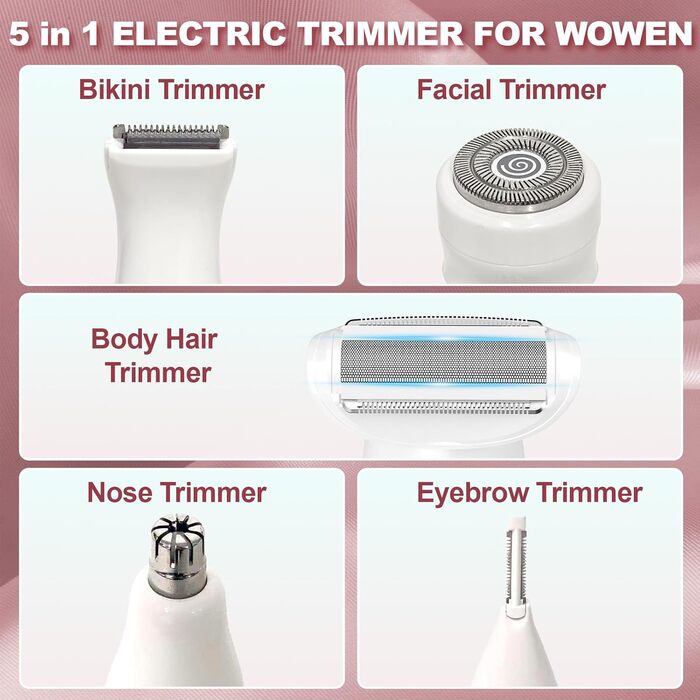 Електричний жіночий тример 5-в-1: для тіла, обличчя, брів та носа. Вологостійкий (IPX7) з USB-станцією.