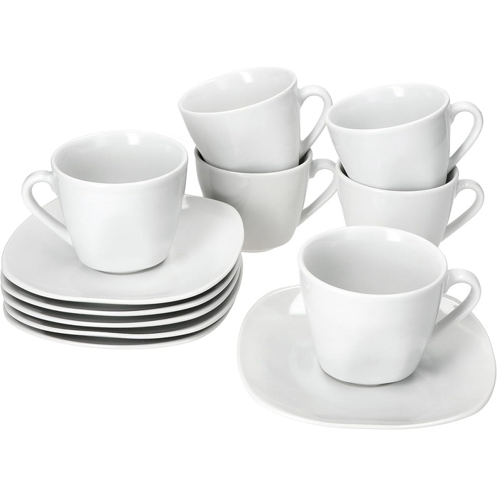 Набір чашок з блюдцями MamboCat Lotta для 6 осіб | Білий порцеляновий набір для сніданку та кави | 6 чашок по 170 мл та 6 блюдець | Елегантний посуд для дому, ресторану, готелю