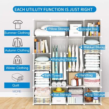 BRIAN & DANY Wardrobe with 12 Cubes, Modular Closet Wardrobe Shelf System Plastic Wardrobe with Doors & 2 Hangers, Additional Stickers Included