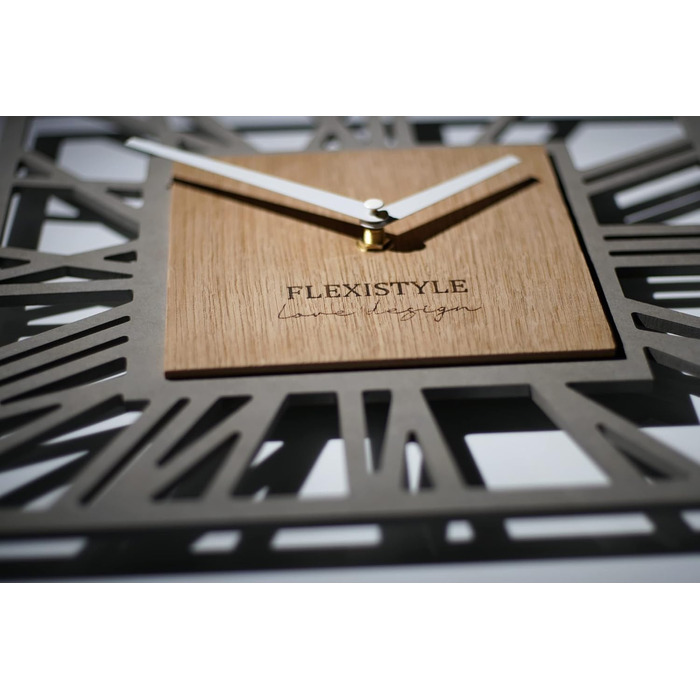 FLEXISTYLE Wall Clock No Ticking Sound Modern LOFT Piccolo Square 30cm Living Room Bathroom, z219n (Gray Oak)
