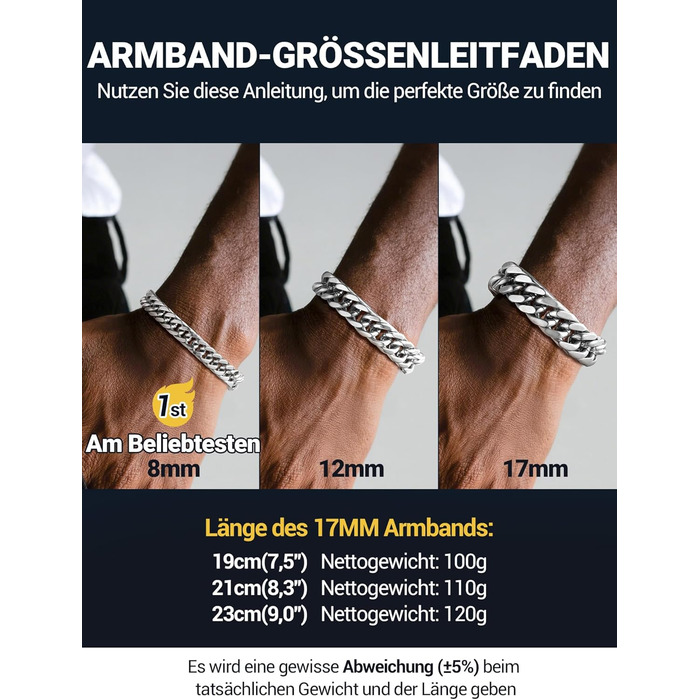 Чоловічий браслет PROSTEEL з нержавіючої сталі з 18K золотом, чорний панцерний браслет, важкий ланцюговий браслет для чоловіків та підлітків, 8 мм/12 мм/16,5 мм/17 мм (17 мм срібло, 19 см)