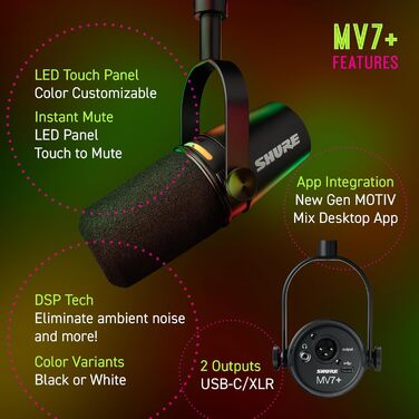 Shure MV7+ Повний комплект для подкастингу: USB/XLR мікрофон, LED-сенсор, автоматичне регулювання, цифровий поп-фільтр, ефекти реверберації - Білий