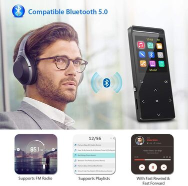 MP3-плеєр 64GB MUSRUN з Bluetooth, HiFi, AUX-запис, FM-радіо, чорний матовий