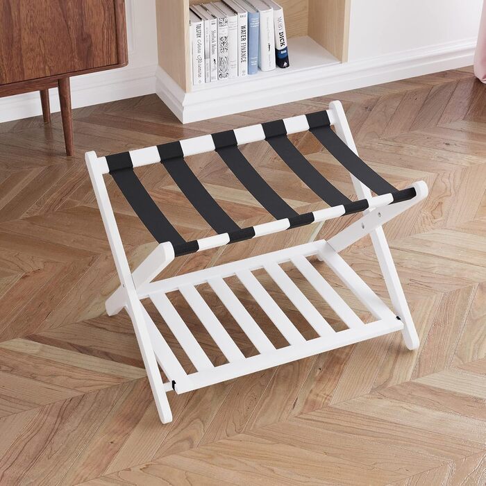Fully assembled white luggage rack, enhanced bamboo, foldable suitcase stand with 5 nylon straps, luggage holder with shelf for guest rooms, hotel (white luggage rack, 1 piece)