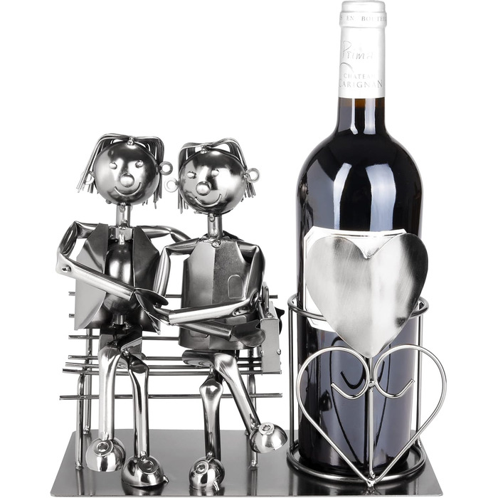 BRUBAKER Bottle Holder Men Loving Couple on Bench - Wine Bottle Holder Man + Man Silver - Bottle Stand Metal Figure Love - Metal Sculpture Gift for Married Couples with Gift Card