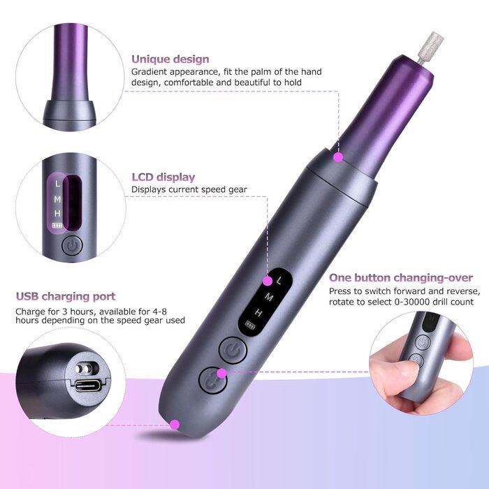 Електричний нагрівач для гелевих нігтів (манікюр/педикюр) з LCD-дисплеєм, 30000 об/хв, 3 швидкості, USB, сірий/фіолетовий