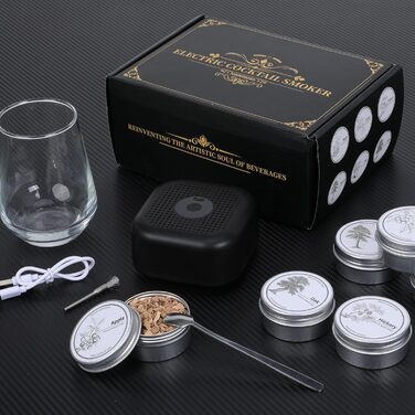 Електричний набір для копчення коктейлів та віскі з 6 дерев'яними стружками. Безпаливний аксесуар для напоїв. Подарунок для чоловіка/батька