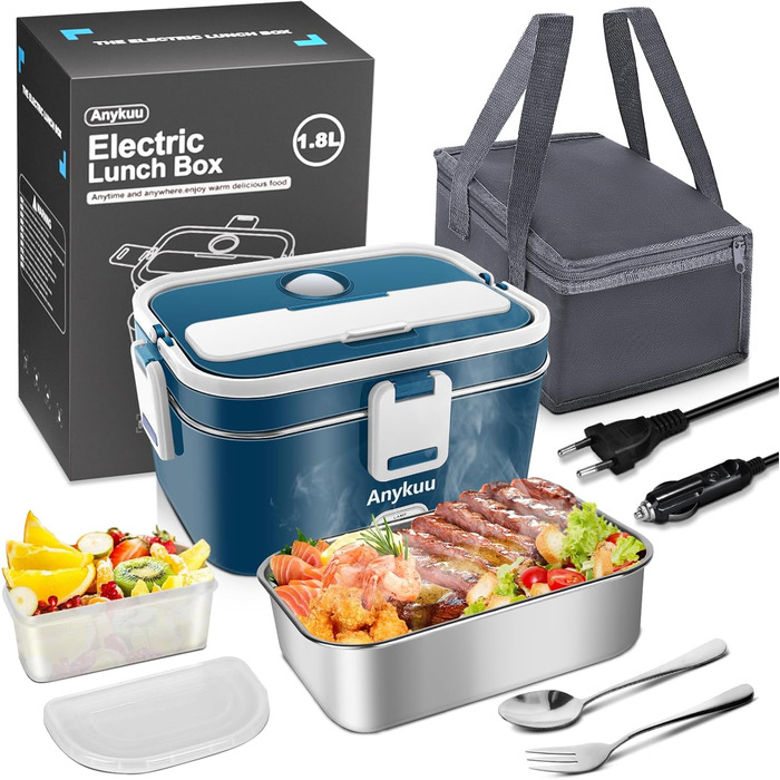 100W Heated Lunchbox Portable Electric Lunchbox 1.8L 3-in-1 12V/24V/220V for Car/Truck/Office/Home Electric Food Container with Fork & Spoon