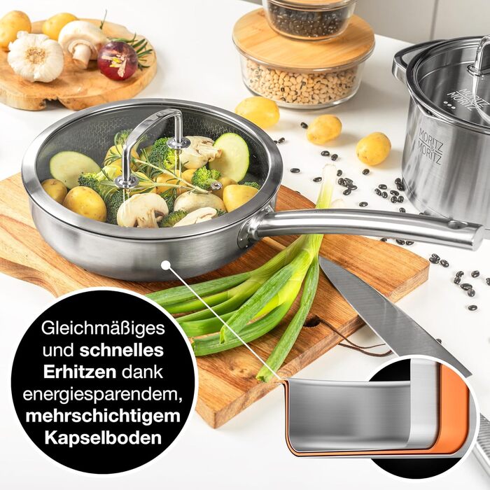 Сковорода Moritz & Moritz антипригарна 28 см індукційна з керамічним покриттям та стільниковою структурою. Сковорода з нержавіючої сталі з високими бортами, підходить для всіх видів плит (з кришкою, Ø 24 см)