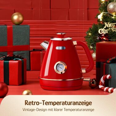 Електричний чайник Hazel Quinn Retro з термометром, з нержавіючої сталі, без пластику, 1.7 л, 2200 Вт, автоматичне вимкнення, вінтажний дизайн, Rudy Rot