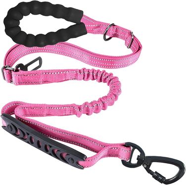 Міцна гумова повідка для собак Robuste, 1,2–1,5 м, з амортизацією та 2 зручними ручками, з кріпленням для авто, чорний (рожевий)