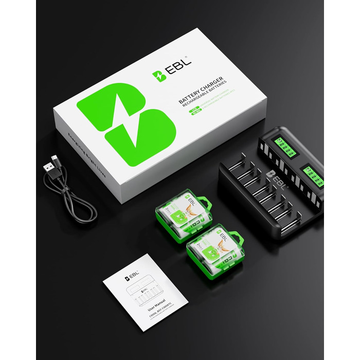 Зарядний пристрій EBL для акумуляторів AA AAA C D NI-MH, Type-C, LCD дисплей, швидка зарядка (зарядний пристрій + 4 x C)