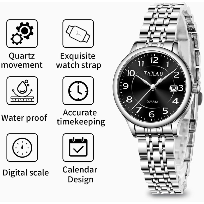 Жіночий годинник з арабськими цифрами, маленьке циферблат, Easy Read, з датою, з нержавіючої сталі, водонепроникний, сріблястий браслет, чорний циферблат (L8863G)