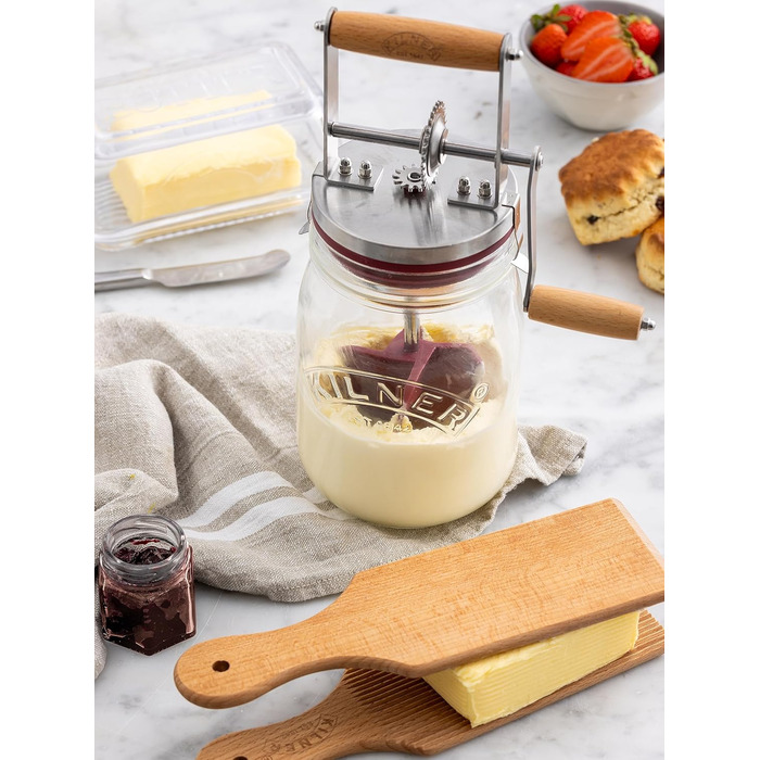 Kilner Butter Churn Glass with Hand Crank, Manual Hand Crank and Silicone Mixer, 1L, Opening: 7.2 cm, 16.5 cm x 11 cm x 27 cm, Make butter yourself in about 10 minutes, Glass butter container (pack of 2)