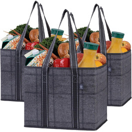 23.5 Liter Large Folding Shopping Bag, Folding Boxes with Reinforced Bottom, Reusable Shopping Bags, Holds Up to 15 kg Shopping Bag (3-Pack) (Black/Window Pane)