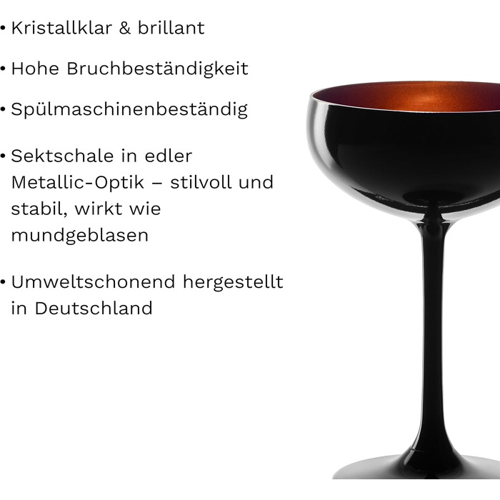 Набір келихів для шампанського Stölzle Lausitz Elements, 6 шт, 230 мл, чорний/бронзовий – елегантні келихи з кришталевого скла без свинцю, придатні для миття в посудомийній машині та стійкі до ударів