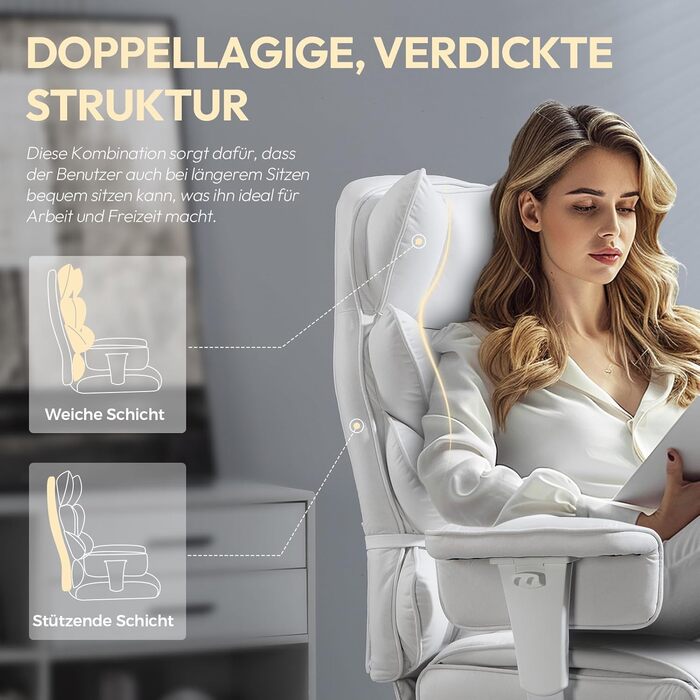 Ігровий крісло Dowinx, ергономічний офісний крісло з кишеньковим пружинним подушкою, крісло для керівника з двошаровою м'якою спинкою та регульованою поперековою подушкою, підлокітниками та підставкою для ніг, комп'ютерне крісло (Білий, тканина)