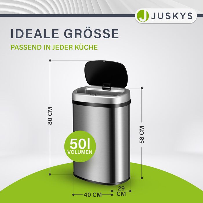 Відро для сміття Juskys з датчиком руху, 50л, нержавіюча сталь, кутовий, з кришкою-затискачем для пакетів