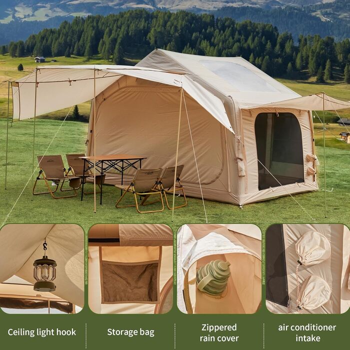 Надувний кемпінговий намет Glamping для 6-8 осіб, 2025, бежевий, з москітною сіткою та тентом 16.4*14.4 м