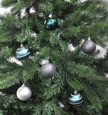 Набір ялинкових кулі 6 см (64 шт.) з пластикової коробки, безпечні, 60 мм, Petrol-silver