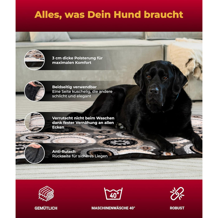 Лежанка для собак XS (45x65 см) – ковзаюча поверхня та комфорт завдяки 3 см наповнювачу – ідеально підходить для дивану, авто та переноски – Made in DE (75 x 115 см, Мандала Антрацит)