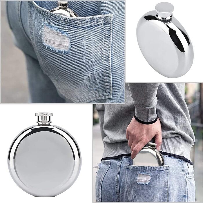 Набір з 2 флаконів для алкоголю з нержавіючої сталі, 177 мл, для віскі, коньяку, кемпінгу, подорожей, барів та вечірок (сріблястий)