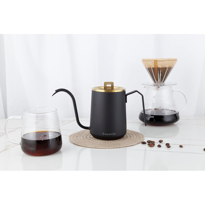Easyworkz Swan Neck Pouring Kettle 600ml Stainless Steel Hand Drip Coffee Pot with Long Narrow Spout, Brushed Gold Black