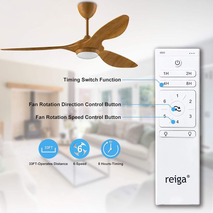 Стеляний вентилятор Reiga з підсвічуванням та пультом керування, 132 см, тихий реверсивний мотор, 6 швидкостей, таймер, регулювання яскравості та 3 колірні температури, світло-коричневі лопаті