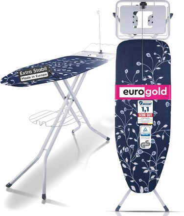 Прасувальна дошка EUROGOLD® XXL 120x42 см з розеткою для парогенератора (Made in Europe) - стабільна, регульована по висоті (BLAU, сірий)