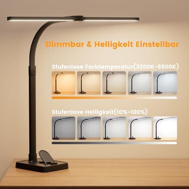 APMIEK LED Настільна лампа для офісу та дому, 24W, 76 см, з регульованим кутом нахилу, 3200K-6500K, захист для очей, чорна з підставкою