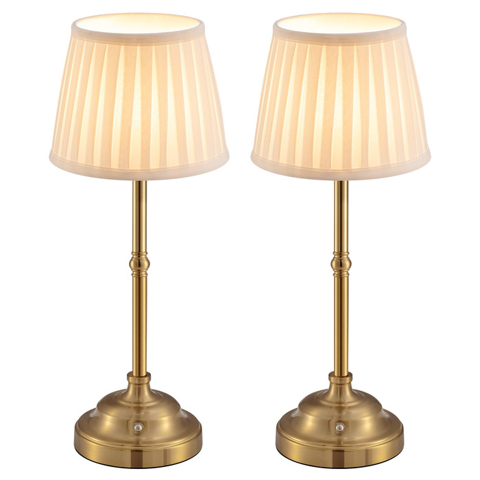 LED Настільна лампа акумуляторна бездротова, димована вінтажна приліжкова лампа, ретро стиль, 4000mAh, для дому, бару, вітальні (2 шт, золото + бежевий абажур)