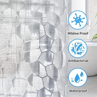 Штора для ванної OTraki напівпрозора 180x200 см, антигрибкова, миється, з EVA, водонепроникна 3D штора для душу з 12 кільцями, без ПВХ