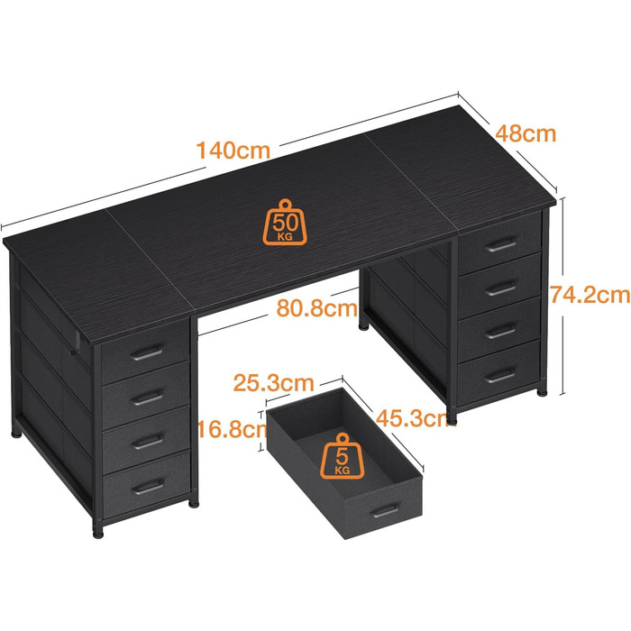 Комп'ютерний стіл Coleshome з 8 тканинними ящиками, 140x48 см, чорний | Стіл для офісу, дому, навчання