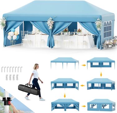 Devoko Gazebo, 2x2 Meter Waterproof, Stable, Winter-Proof Gazebo with 3 Height Adjustments, Foldable Gazebo with UV Protection 50+, Folding Tent, Gazebo with Carrying Bag, For Garden, Outdoor, Camping (3x6m, 6 Side Walls, Blue)