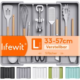 Органайзер для столових приборів Lifewit в шухляду, розширюваний 33-57 см, сірий - пластиковий тримач для ножів, виделок, кухонний органайзер 38 см