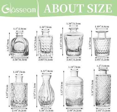 Набір міні-вази Glasseam із скла, вінтажний декор для столу, 8 шт. – сучасні кришталеві вази для квітів, вузькі декоративні вази для весілля, троянд, пампасної трави, ванної кімнати
