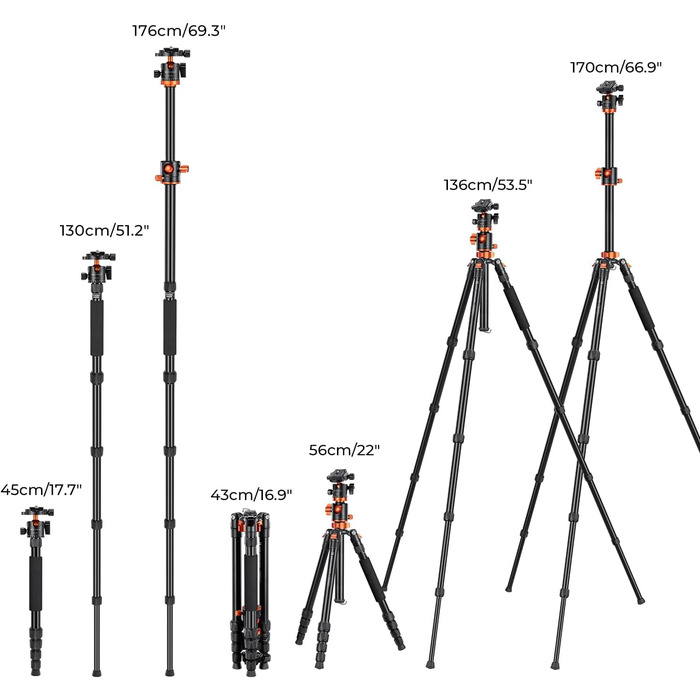 Штатив для камери K&F Concept 170см, T255A4(TM2515T1) з кульковою головкою 360° та функцією однонога штатива, 1/4'' гвинт, компактний туристичний штатив, помаранчевий