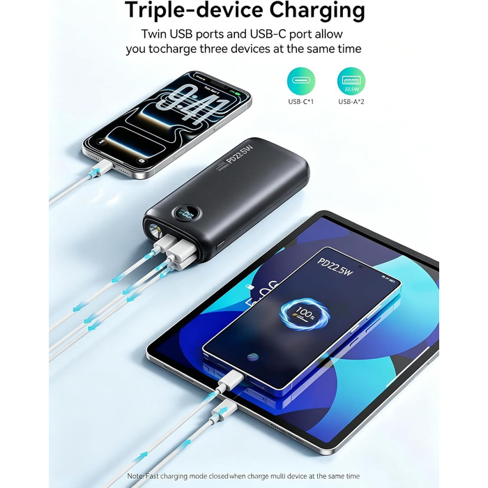 Потужний зовнішній акумулятор Power Bank 27000mAh 22.5W USB-C з LED-дисплеєм, швидка зарядка PD 3.0 та QC 4.0, вбудований ліхтар для iPhone, Samsung, iPad та смартфонів