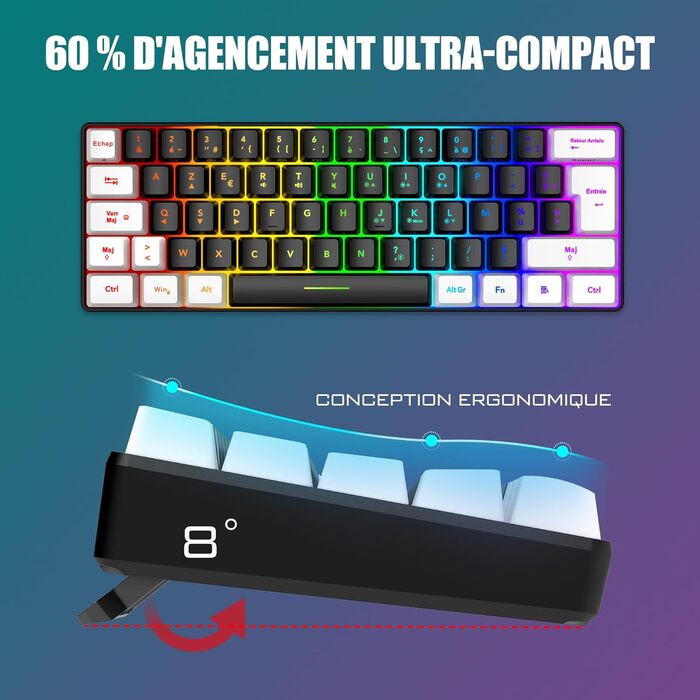 RedThunder K62 Бездротова ігрова клавіатура та миша, RGB, AZERTY, 62 клавіші, міні, для PC/PS5 (Чорний/Білий)