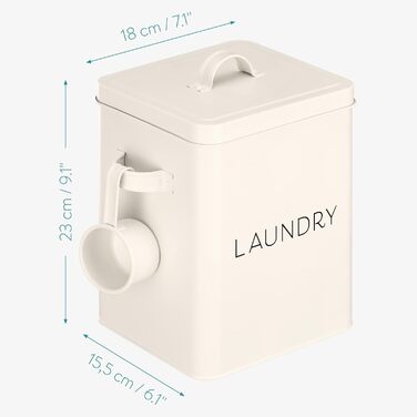 Navaris Laundry Detergent Box with Measuring Spoon - Metal Storage Box for Laundry Detergent - Laundry Dose Lid - Vintage Washing Powder Box Container - white