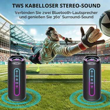 Портативна Bluetooth колонка 25W з підсвіткою, двопотоковим басом та захистом IPX7, TWS стерео, акумулятор на 24 години, чорна