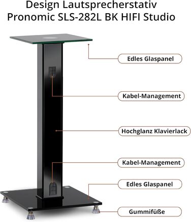 Стійка для колонок Pronomic SLS-282L BK (пара) - Стильний дизайн з 2 скляними панелями, регулювання висоти 73 см, вантажопідйомність 10 кг, приховане кабельне провадження, для моніторів та Hi-Fi апаратури - Чорний колір