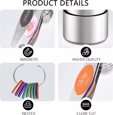 Measuring cups and magnetic measuring spoons, 5 stainless steel measuring cups with easy-to-read markings, 7 double-sided, stackable magnetic measuring spoons, and 1 leveler, multicolored